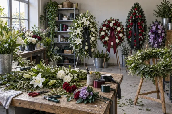 Atelierul de coroane, cu flori proaspete și coroane funerare gata făcute