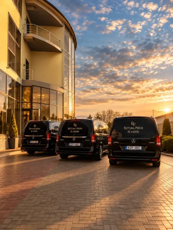 Trei automobile funerare negre parcate în fața clădirii casei funerare
